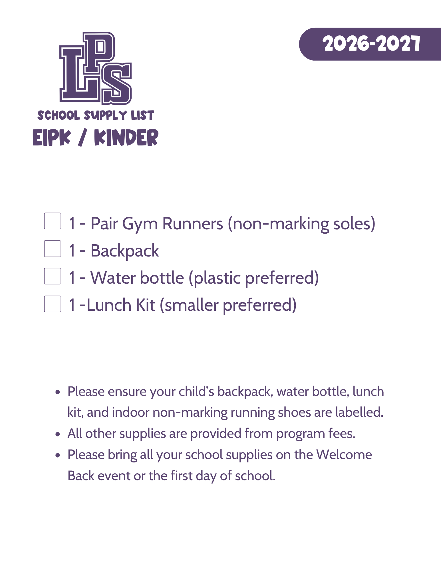 EIPK KINDER SUPPLY LIST