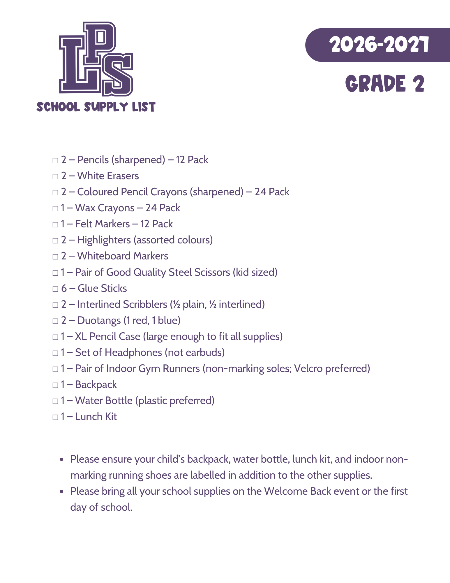 GR 2 SUPPLY LIST