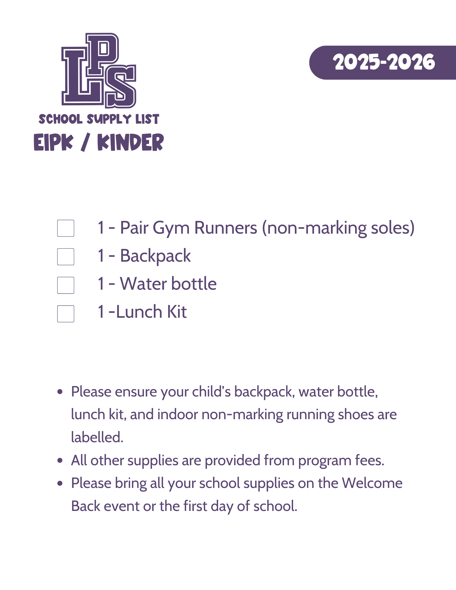 EIPK KINDER SUPPLY LIST