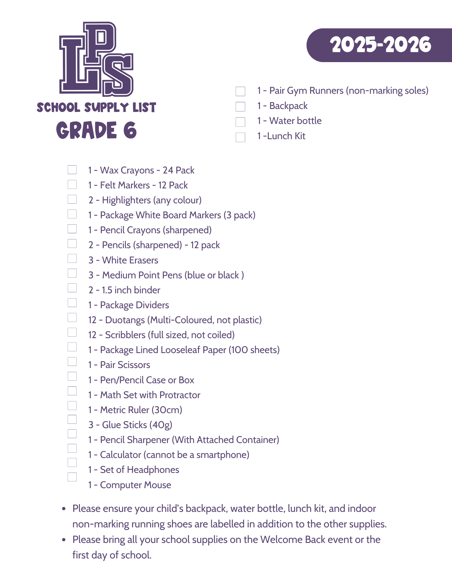 GR 6 SUPPLY LIST