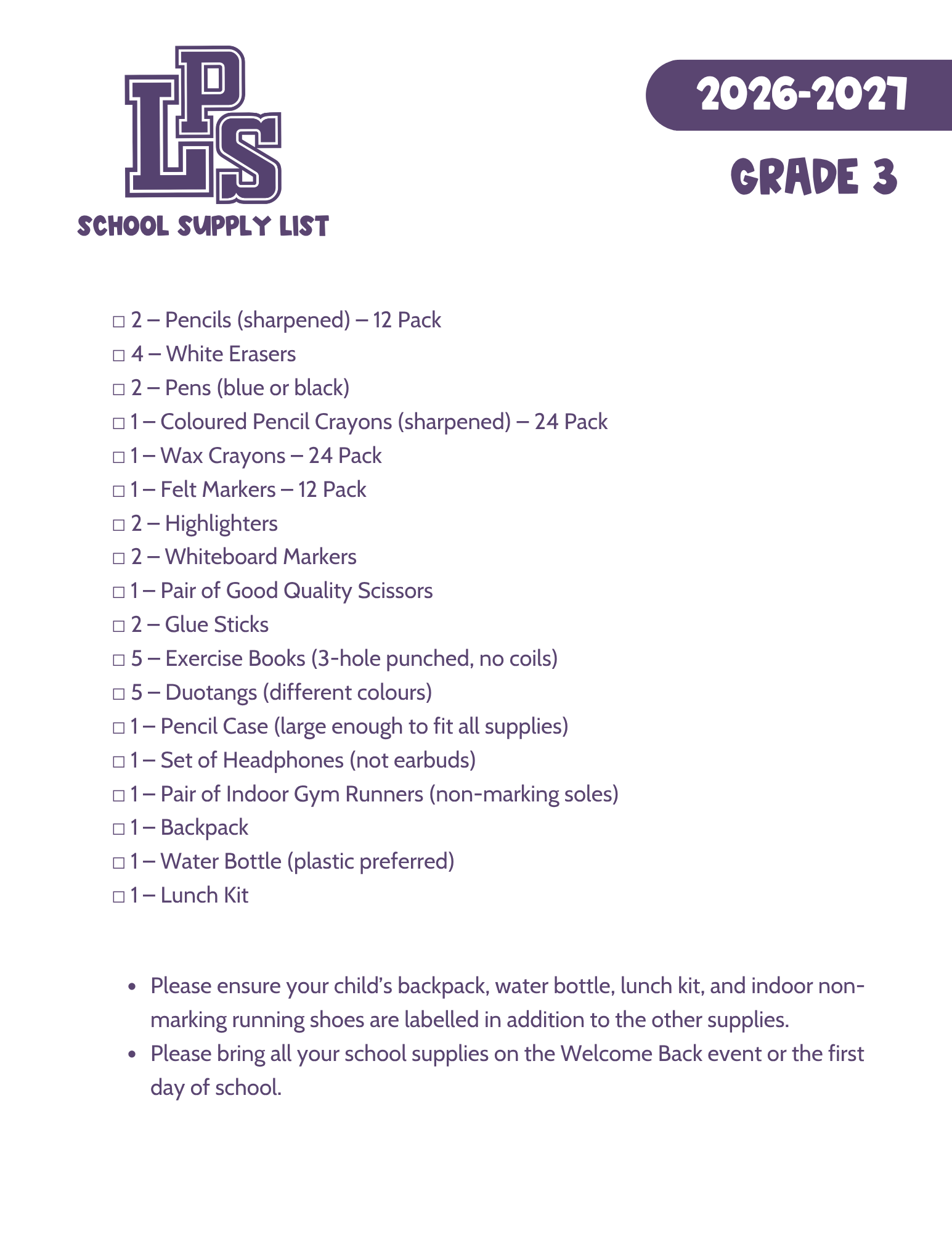 GR 3 SUPPLY LIST