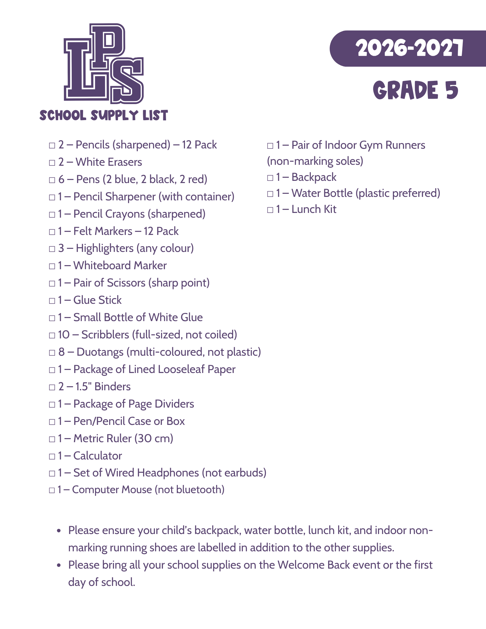 GR 5 SUPPLY LIST