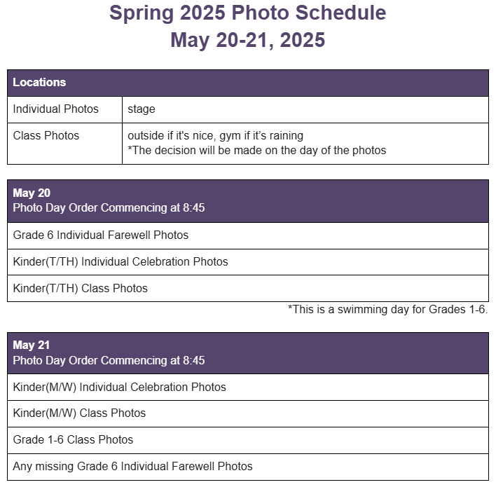 SPRING PHOTOS SCHEDULE