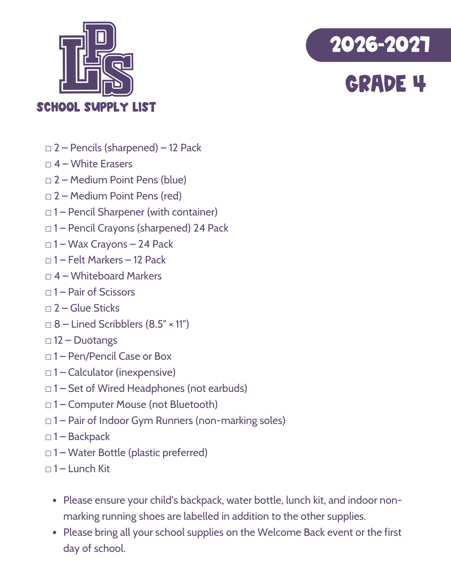 GR 4 SUPPLY LIST