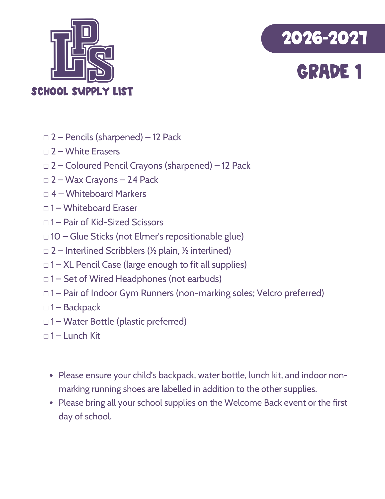 GR 1 SUPPLY LIST