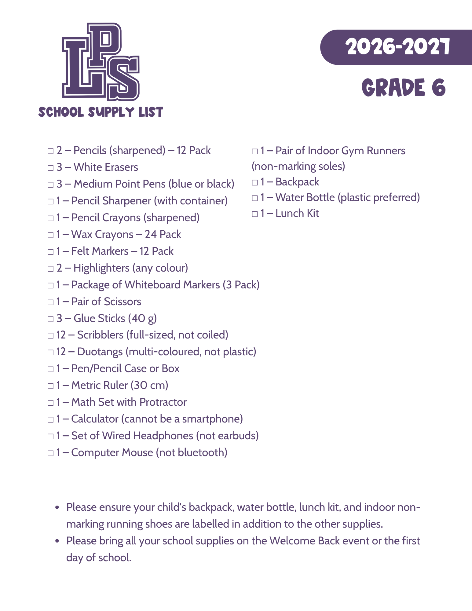 GR 6 SUPPLY LIST